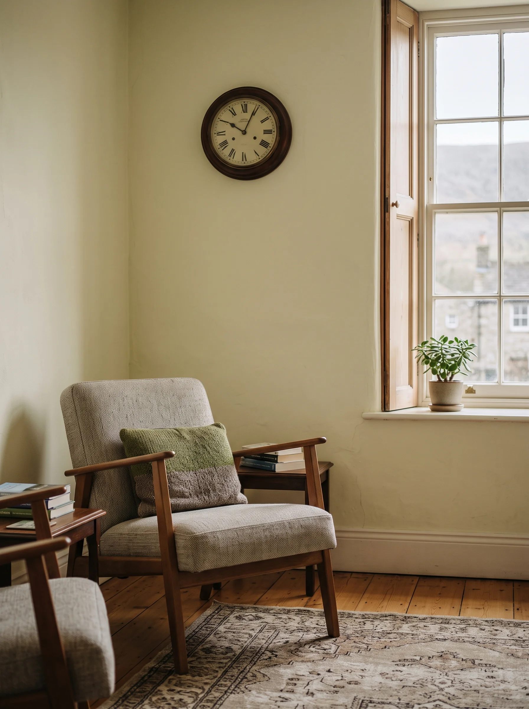 A second armchair drawn slightly forward in the upstairs room, a plain clock on the wall and a sash window at the edge of the frame