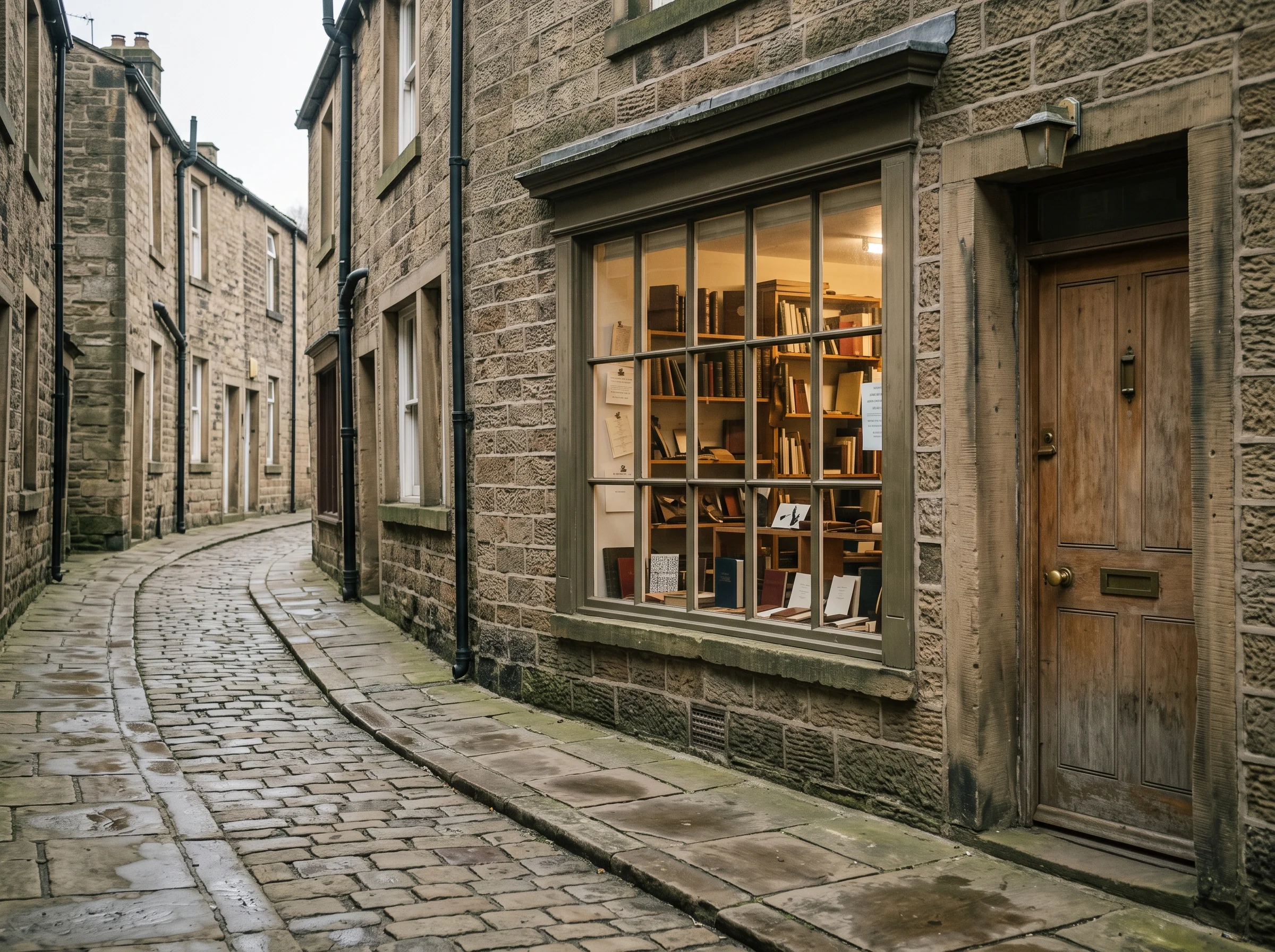 A quiet stone side street in Hebden Bridge leading to a bookbinder's lit window, with a plain door beside it