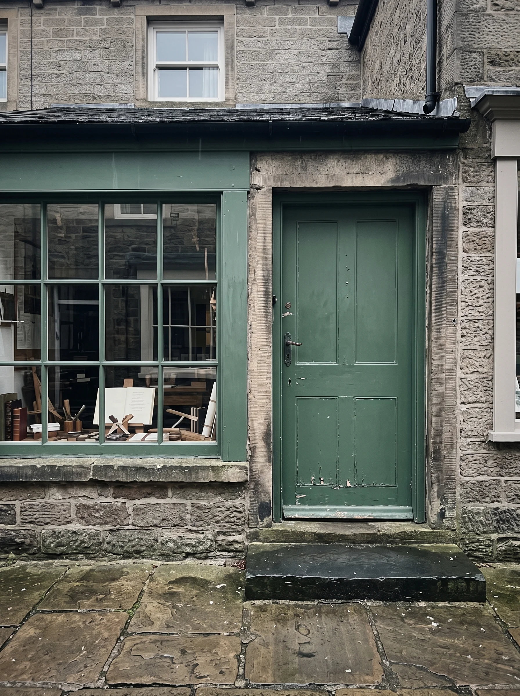 An unmarked painted street door with a wet stone step, set beside the edge of a bookbinder's shop window