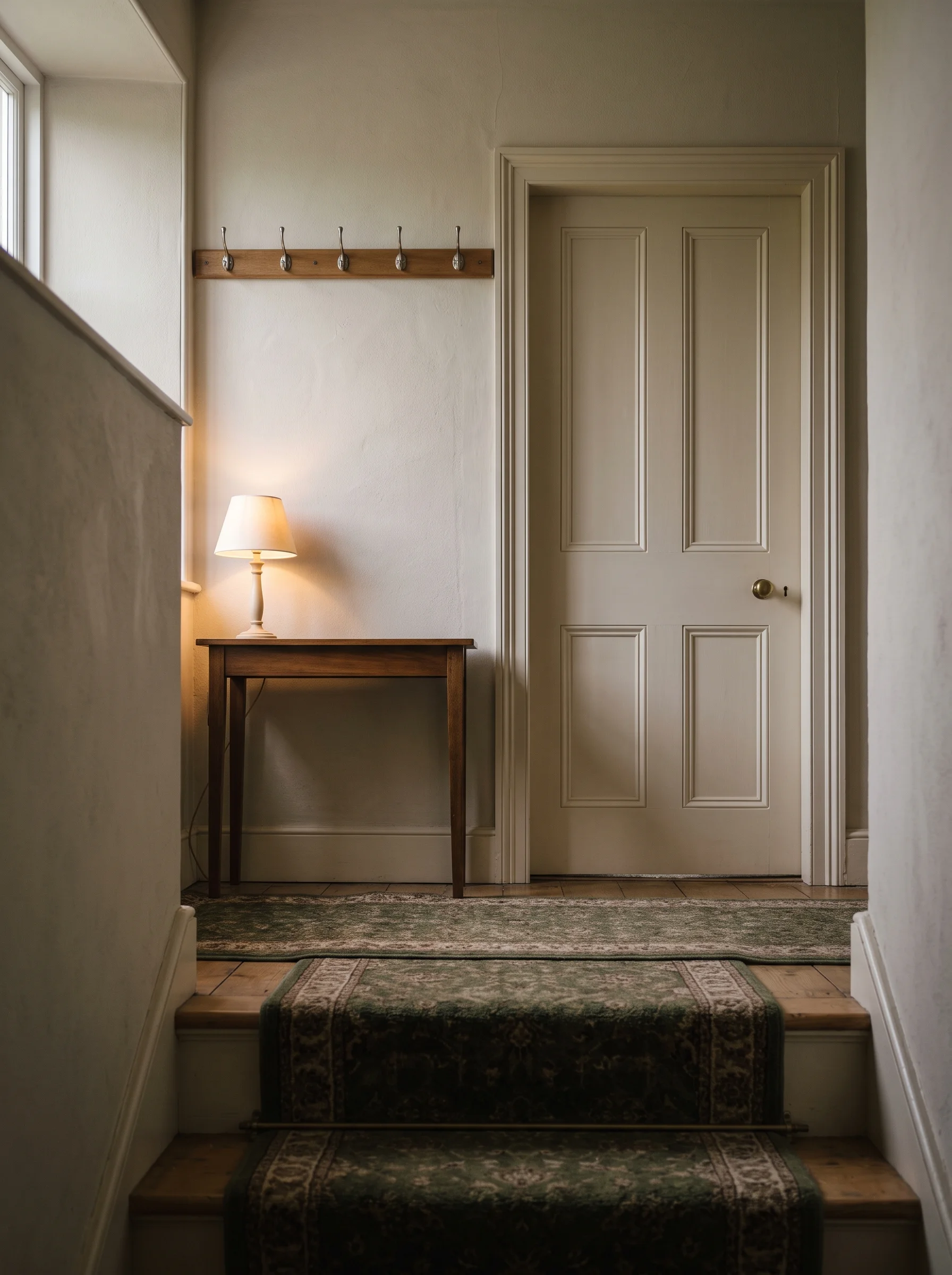 A closed door on a small landing, coat hooks on the whitewashed wall and a small lamp lit on a shelf
