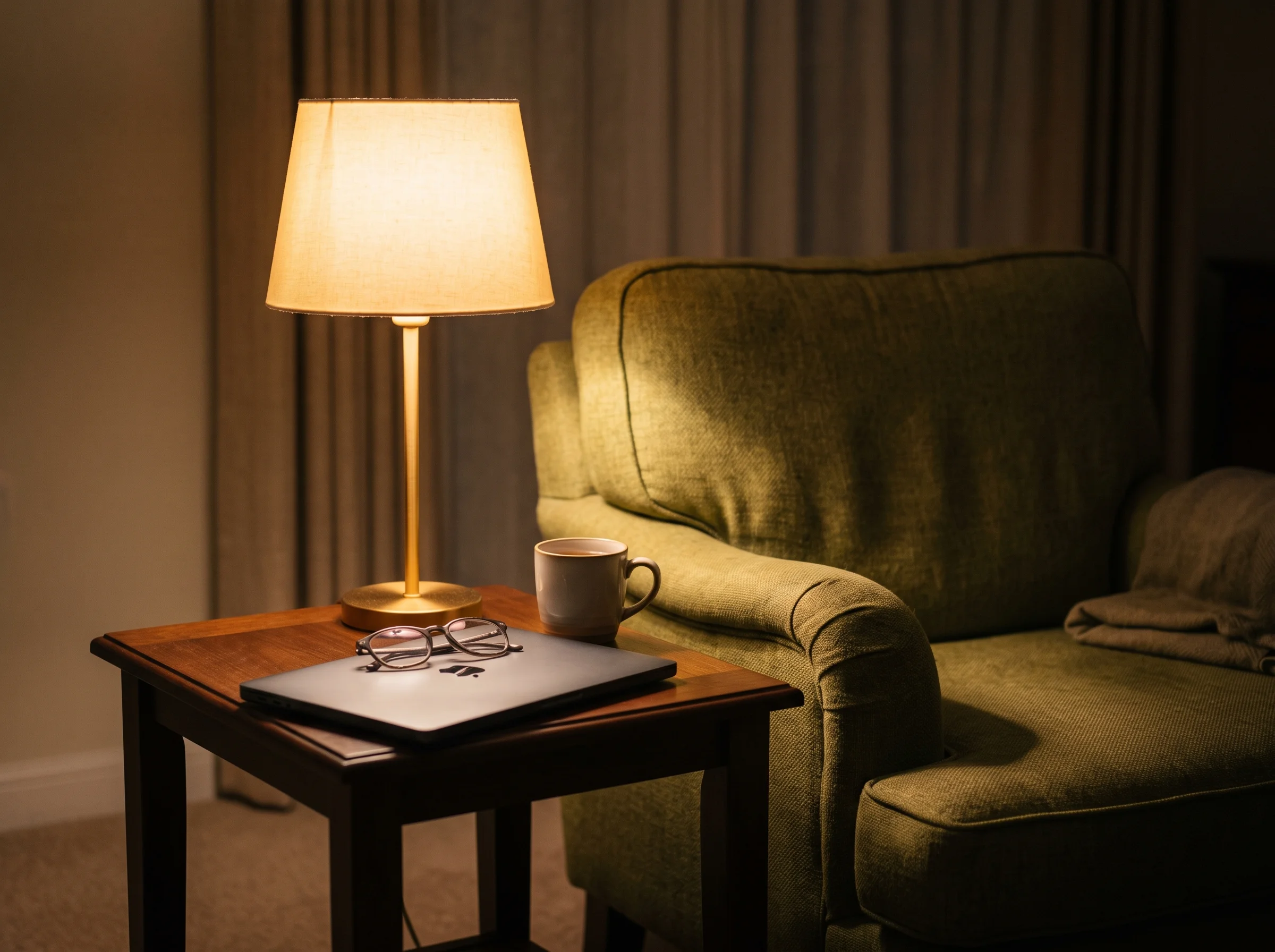 A closed laptop, reading glasses and a cup of tea on a side table beside a lamplit armchair with the curtains drawn