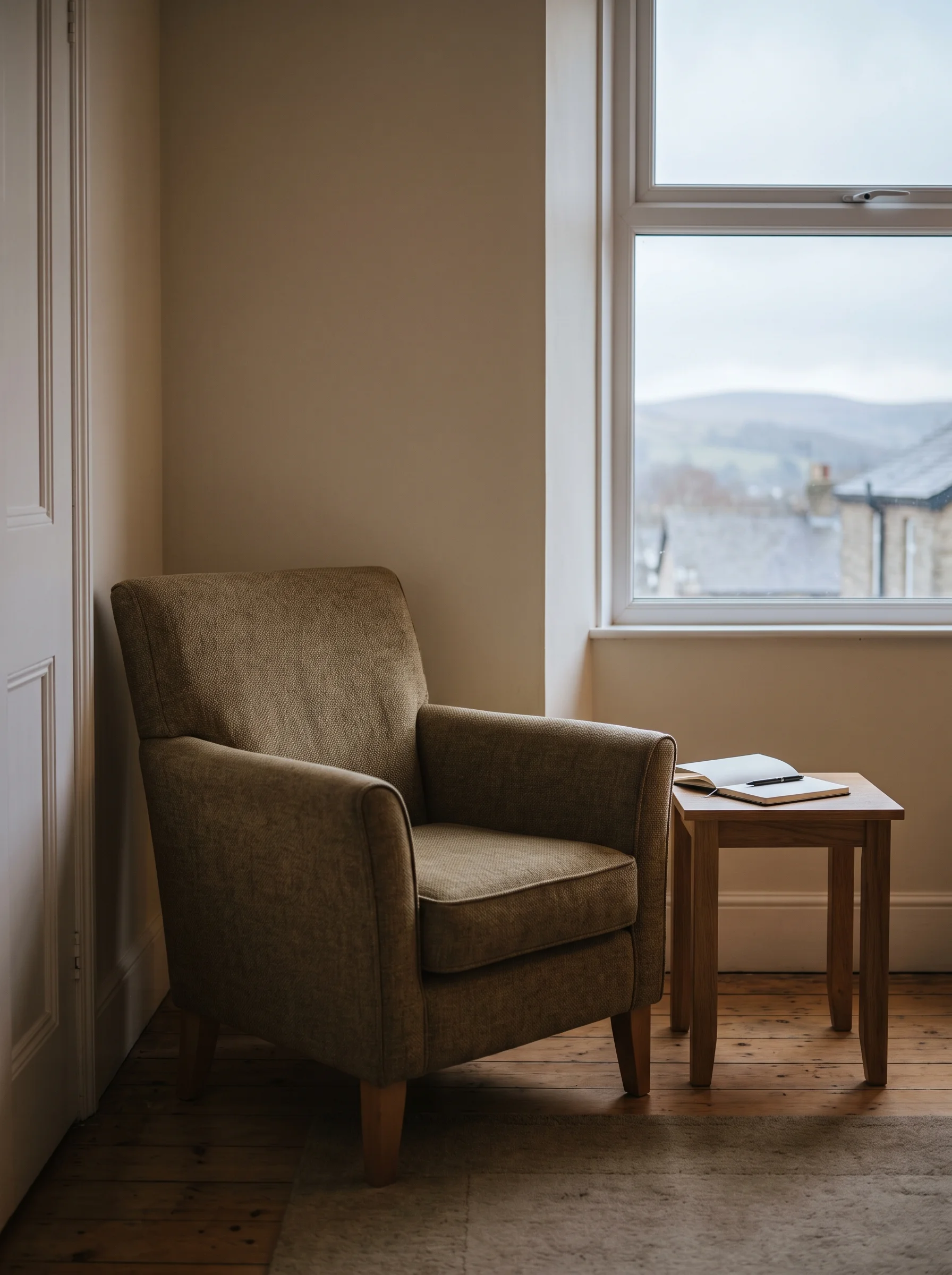 An armchair next to a small wooden table with an open notebook and pen, positioned by a window.