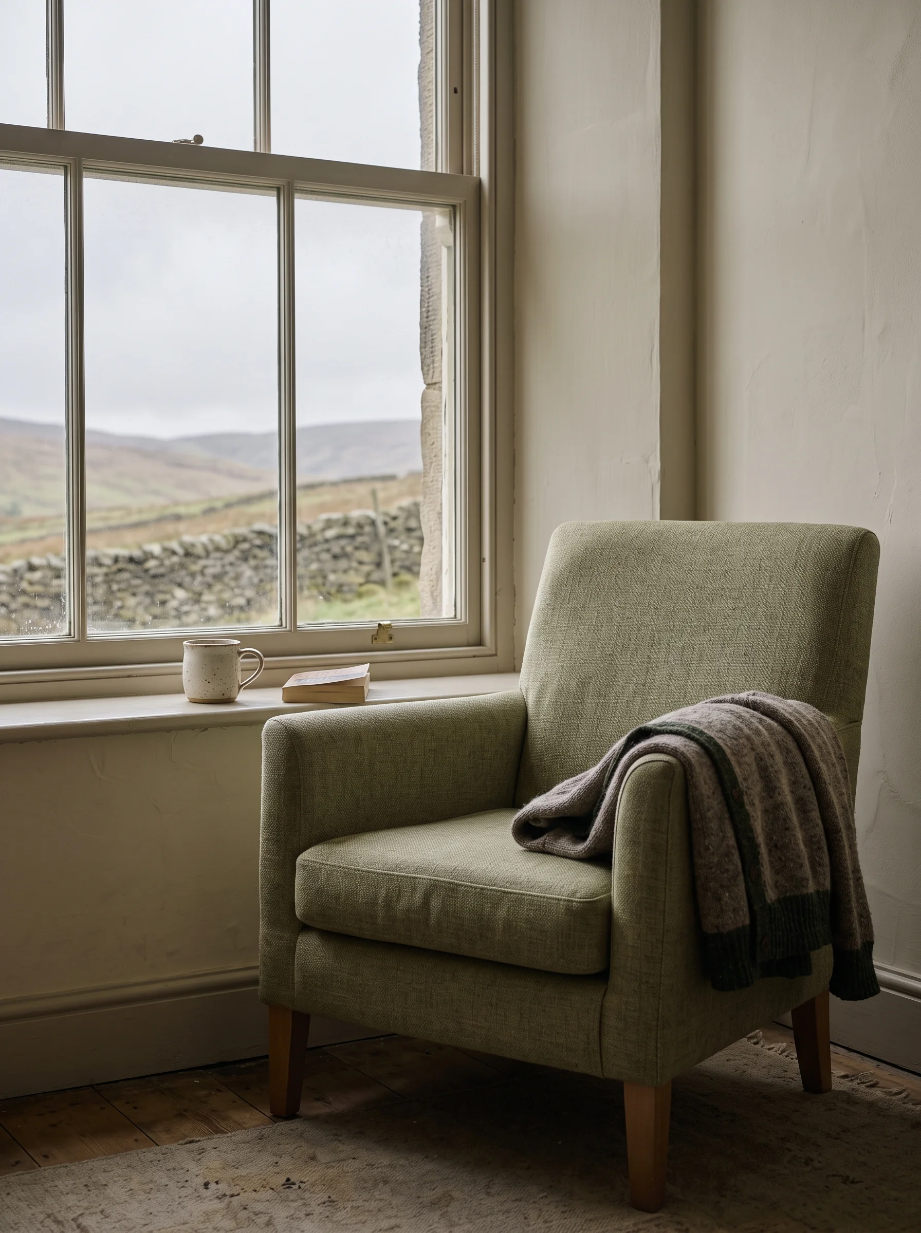 An armchair beside a sash window with a cardigan over its arm and a cup of tea on the sill, grey hills beyond