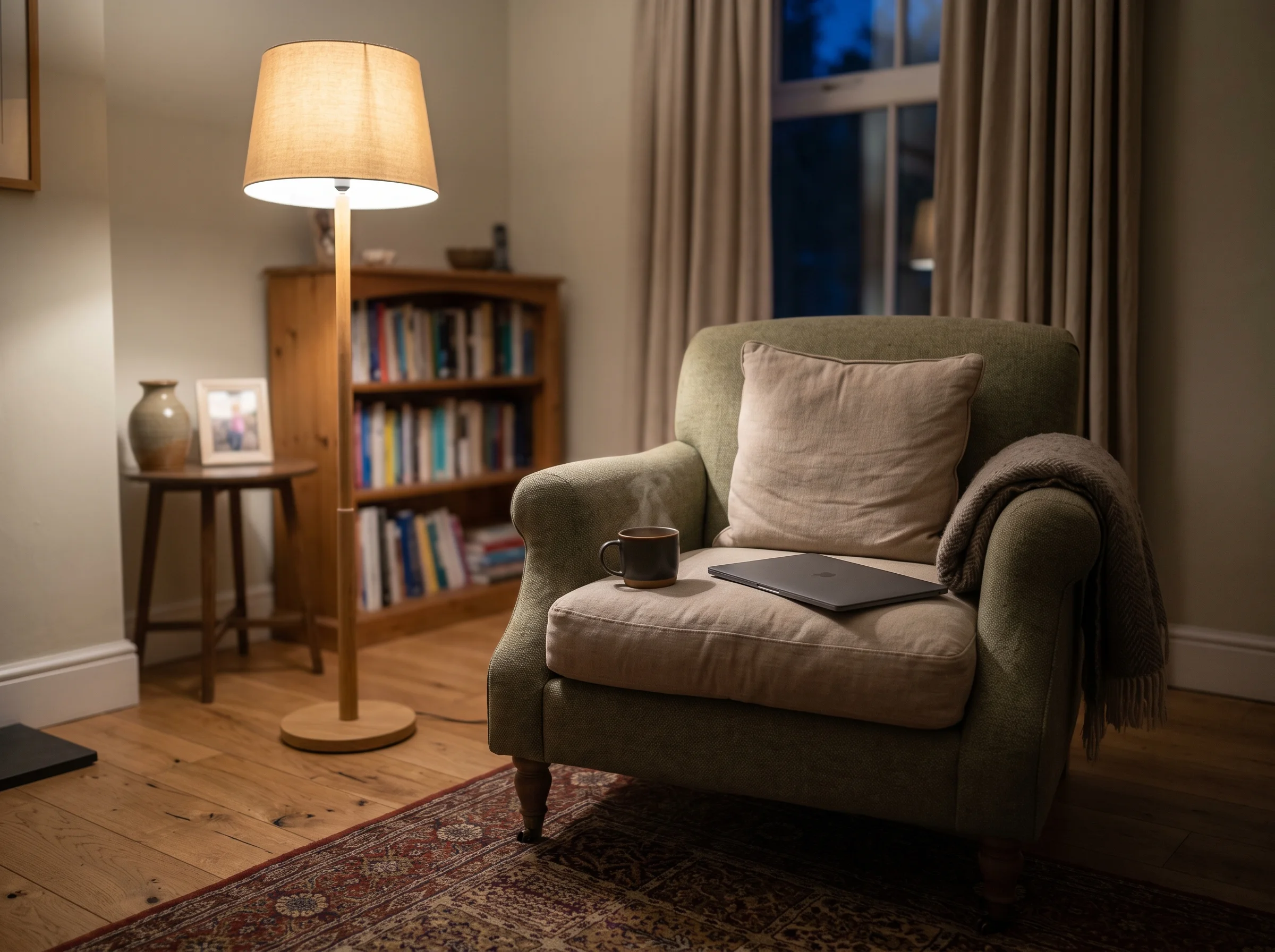 An armchair, a mug and a closed laptop in a lamplit corner of a home with the curtains drawn