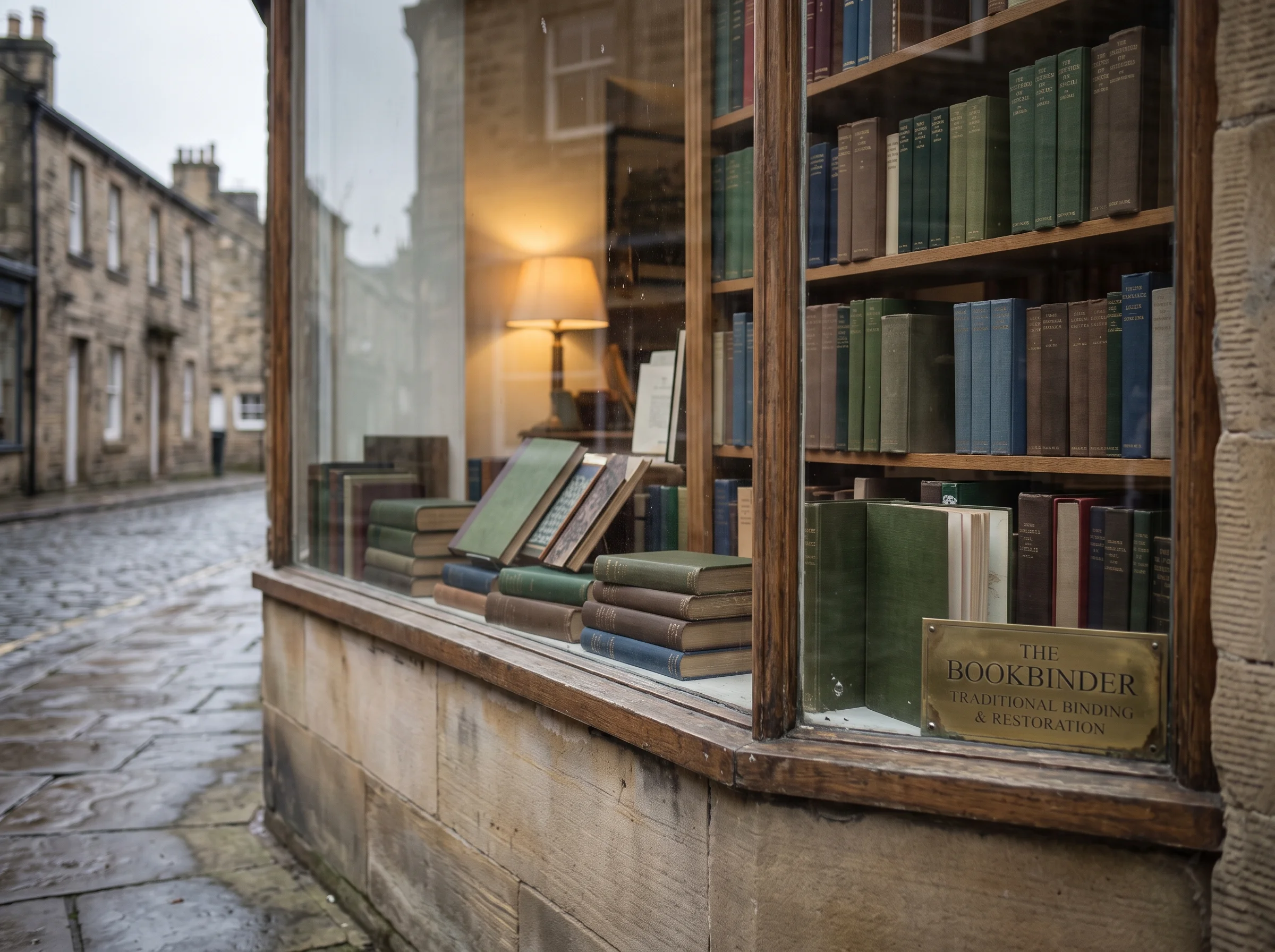 A bookbinder's shop window with stacked cloth-bound books and a brass sign, lamplight inside and grey stone around the frame