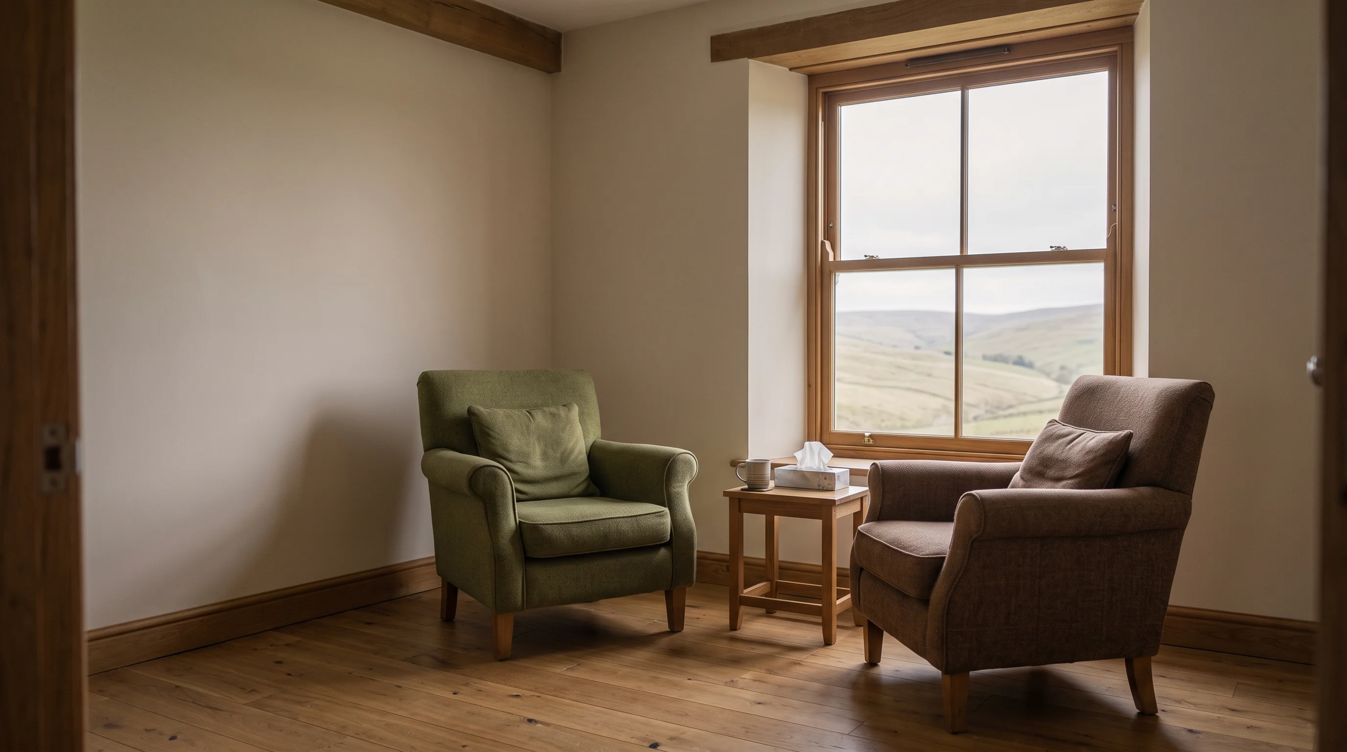 A calm upstairs room with two armchairs turned towards a sash window, grey hills visible beyond the glass