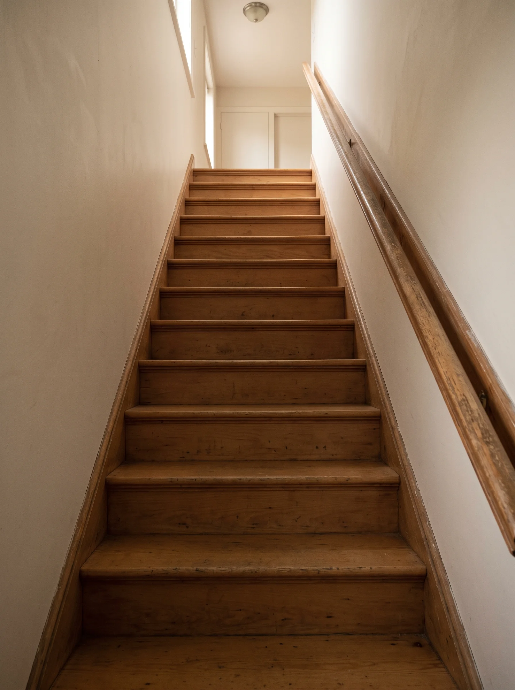 A plain wooden staircase with a worn handrail rising past a whitewashed wall towards daylight from a landing window